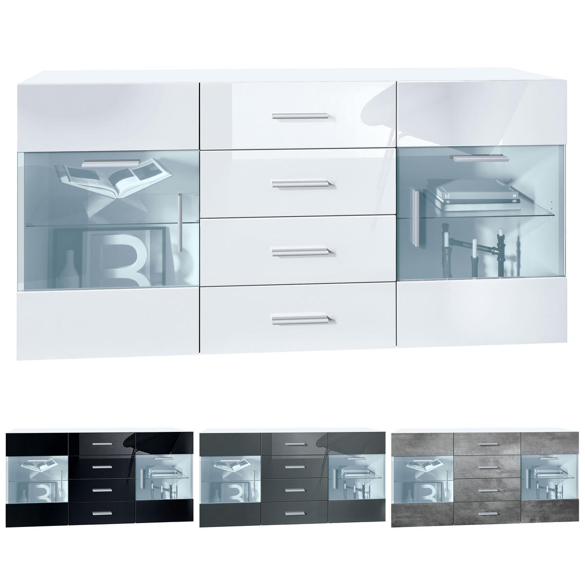 SIDEBOARD Carlos Sandgrau Hochglanz - Sandfarben, Holzwerkstoff (139/72/35cm) - Vladon