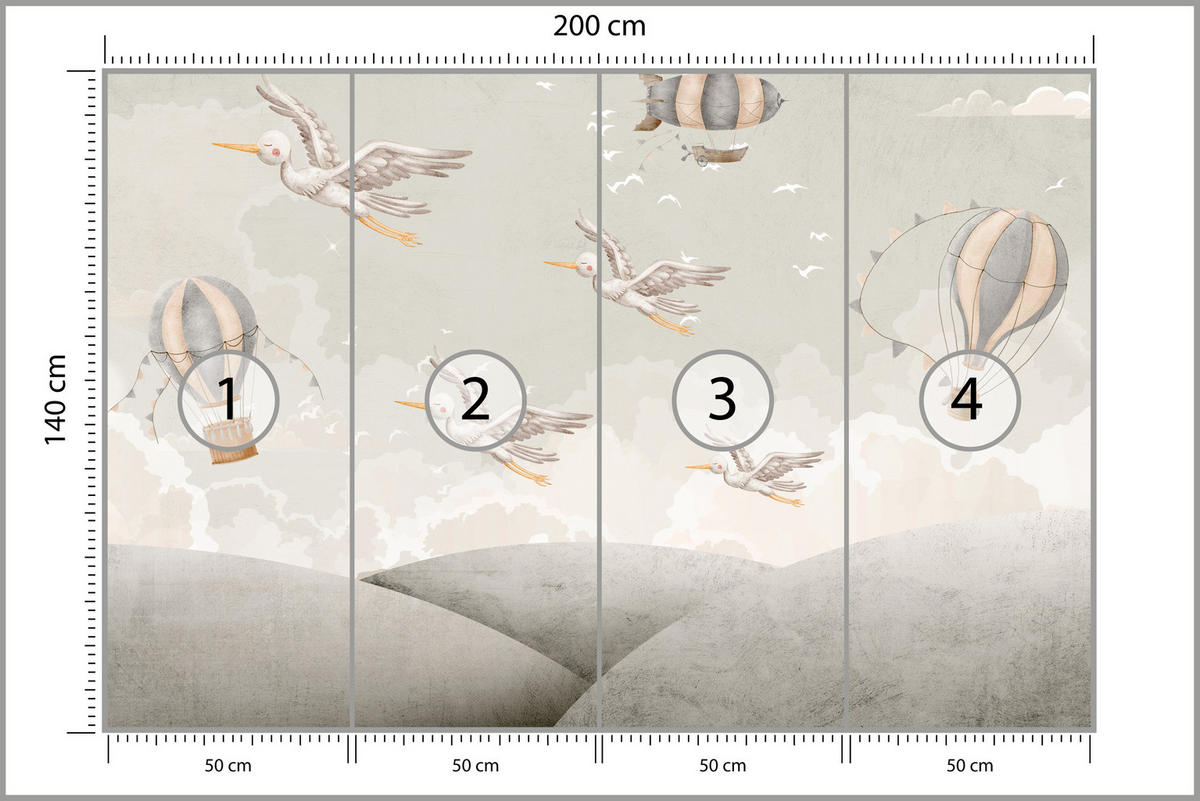 FOTOTAPETE für Kinderzimmer Boho Störche Aquarell Balon Luftschiff Himmel 200x140 - Beige/Weiß, Papier (200/140cm) - Muralo