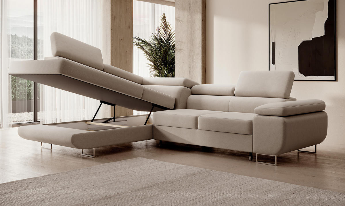 ECKSOFA Stevil Hellbeige Velours - Ecru/Silberfarben, Textil/Metall (275/203cm) - Selsey