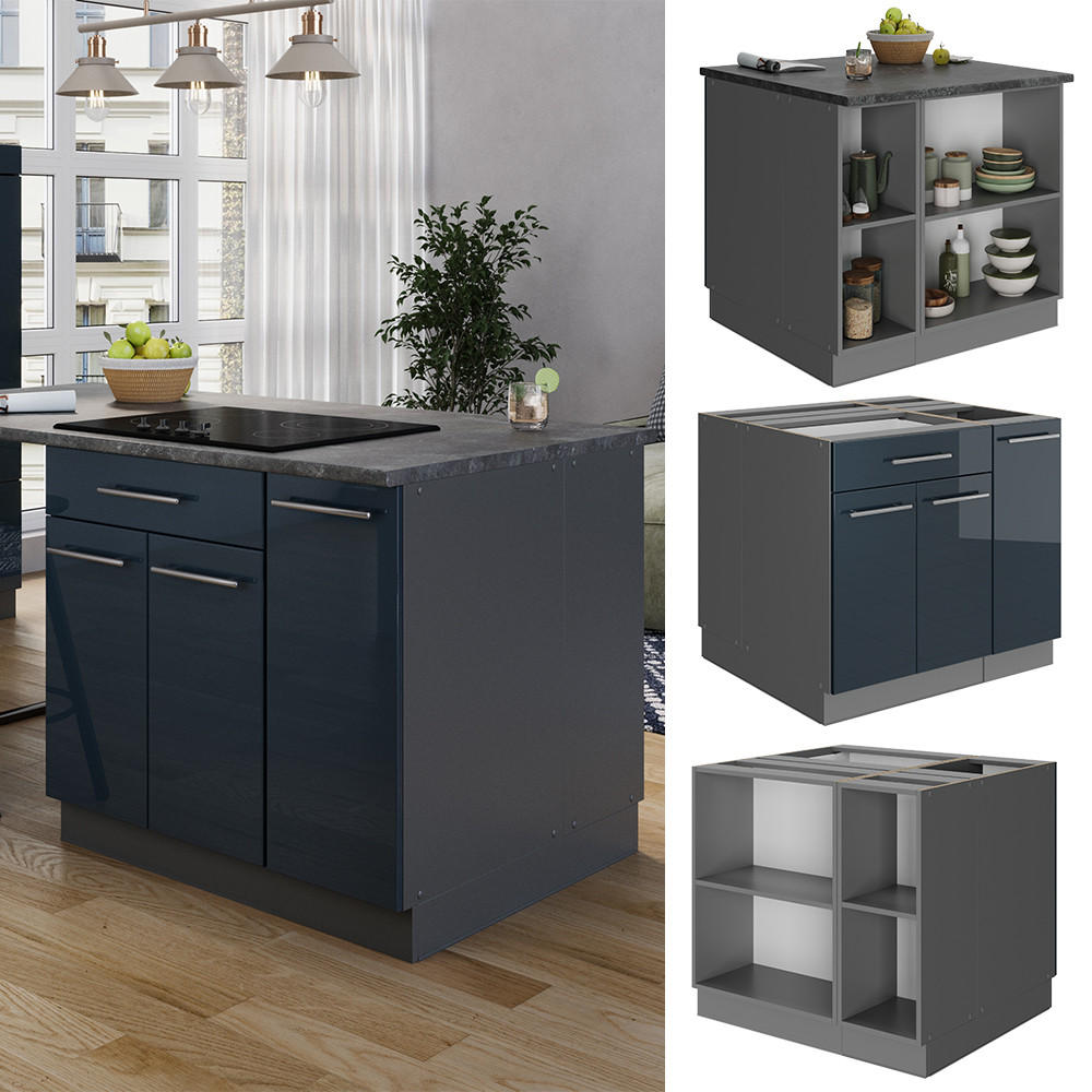 KÜCHENINSEL Fame-Line Dunkelblau Hochglanz 90 cm mit Schublade ohne AP - Anthrazit/Dunkelblau, Holzwerkstoff (90/82/60cm) - Vicco