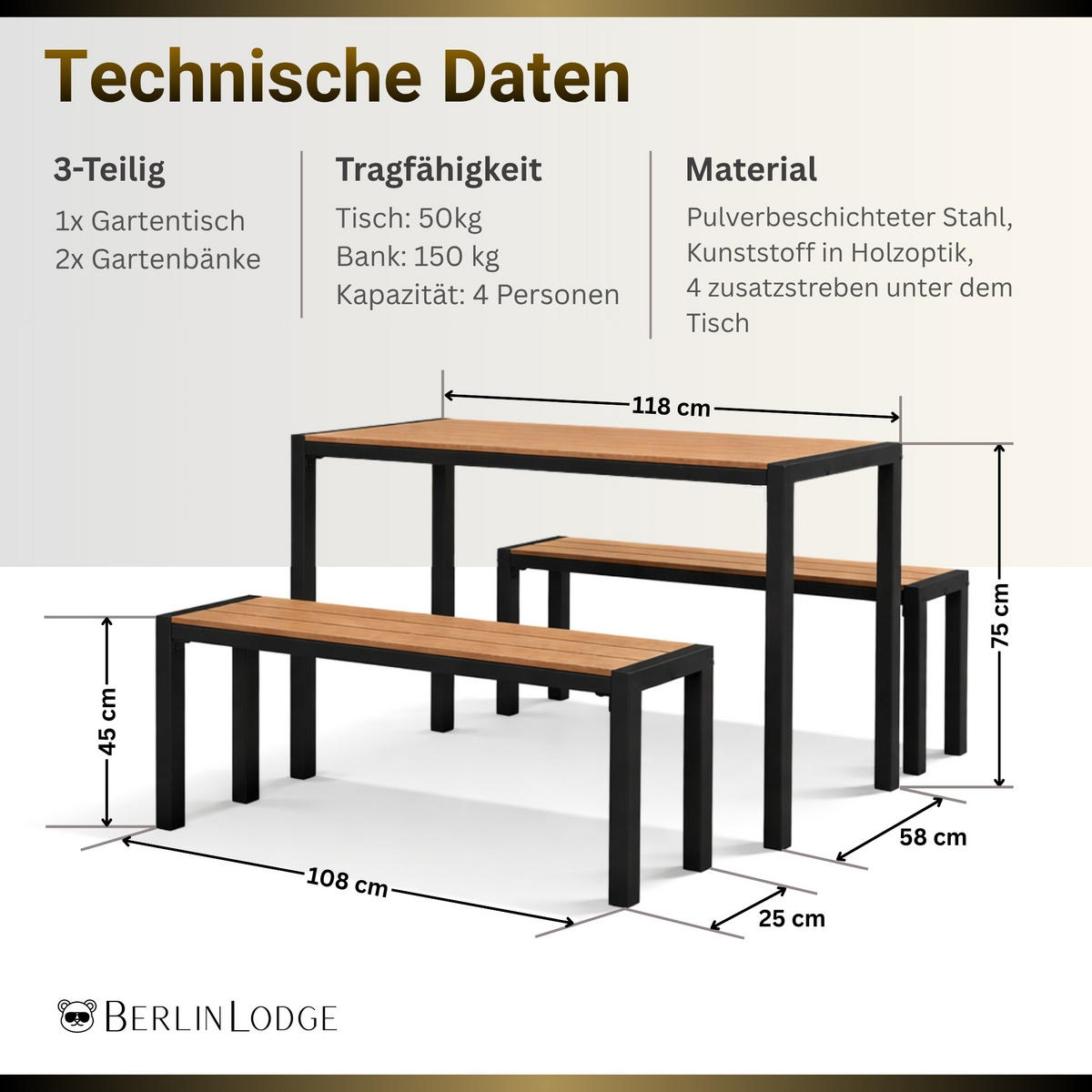 BIERZELTGARNITUR MALLORCA 3-teilig 4 Personen 118cm breit Holzoptik - Schwarz/Braun, Kunststoff/Metall - BERLINLODGE