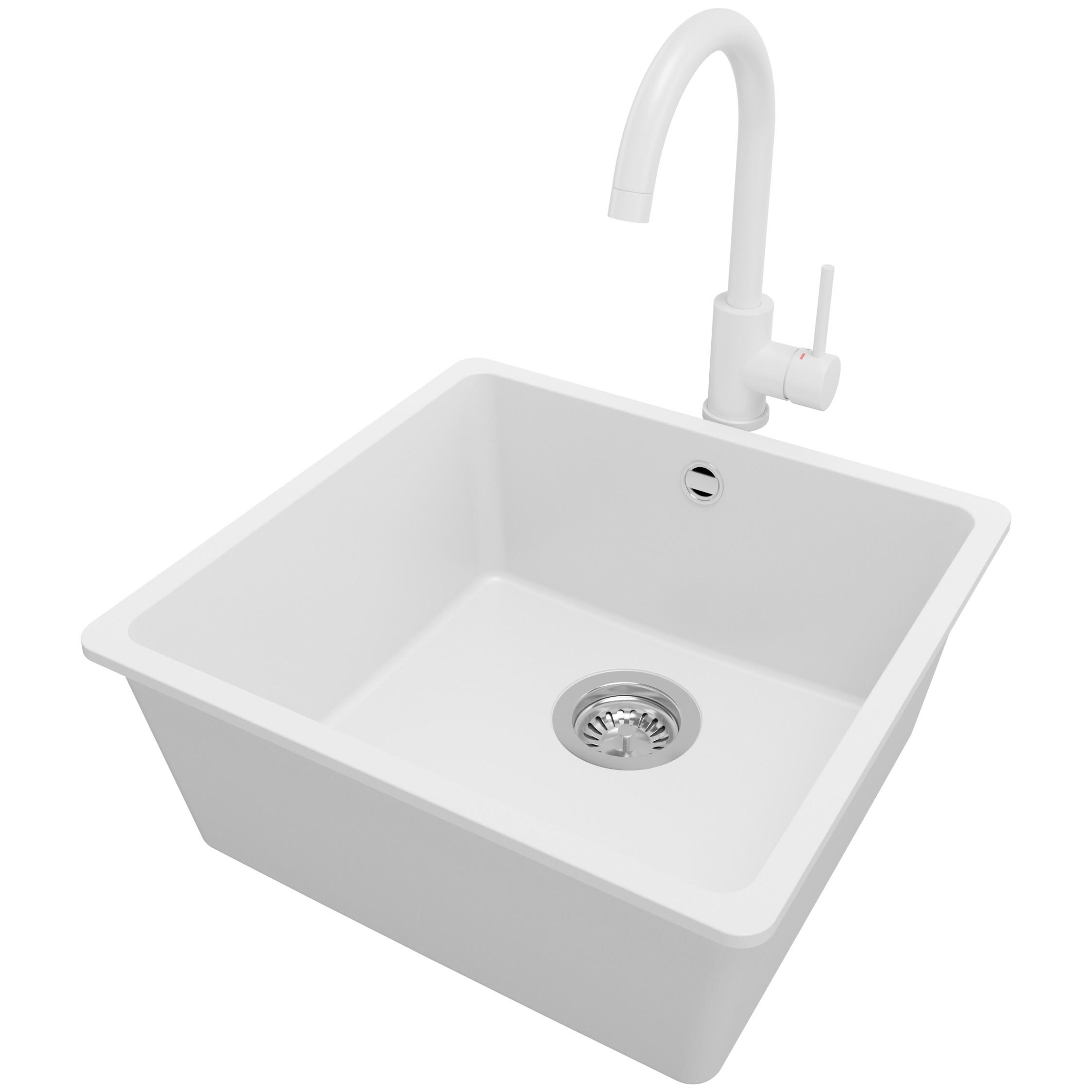 UNTERBAUSPÜLE GRANIT Venedig Easy, 2-er set Weiß 46/44 cm 1 Becken + Küchenarmatur 32/20 cm + Ablauf-Set ab 50er Unterschrank - Chromfarben/Weiß, Kunststoff (46/20/44cm) - Primagran