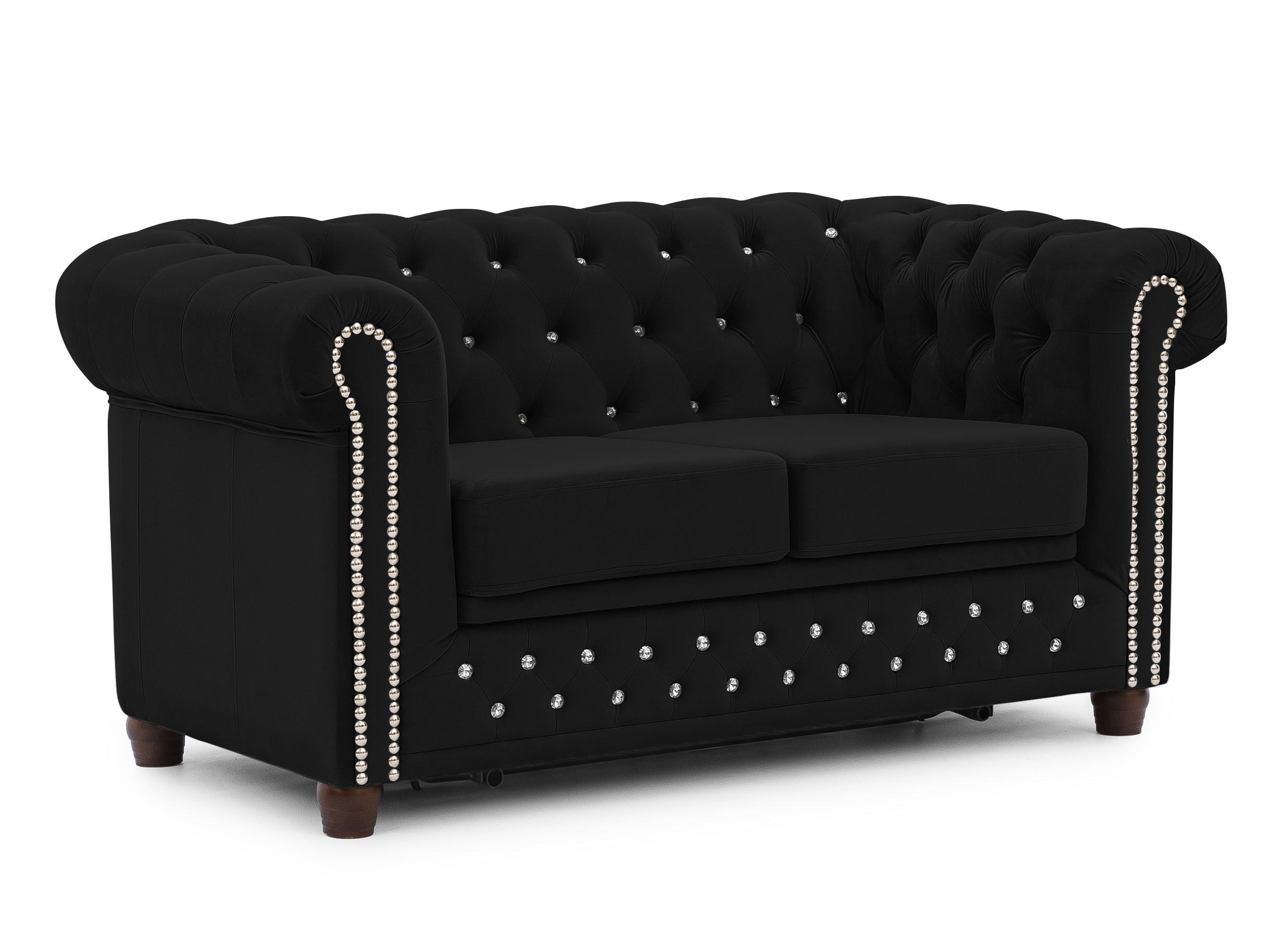 CHESTERFIELD-SOFA 2-Sitzer mit Schlaffunktion Cleo Blink Schwarz Samt mit Kristallsteppung und braunen Massivholzfüßen - Schwarz/Braun, Holz/Textil (148/72/86cm) - S-Style Möbel
