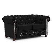 CHESTERFIELD-SOFA 2-Sitzer mit Schlaffunktion Cleo Blink Schwarz Samt mit Kristallsteppung und braunen Massivholzfüßen - Schwarz/Braun, Holz/Textil (148/72/86cm) - S-Style Möbel