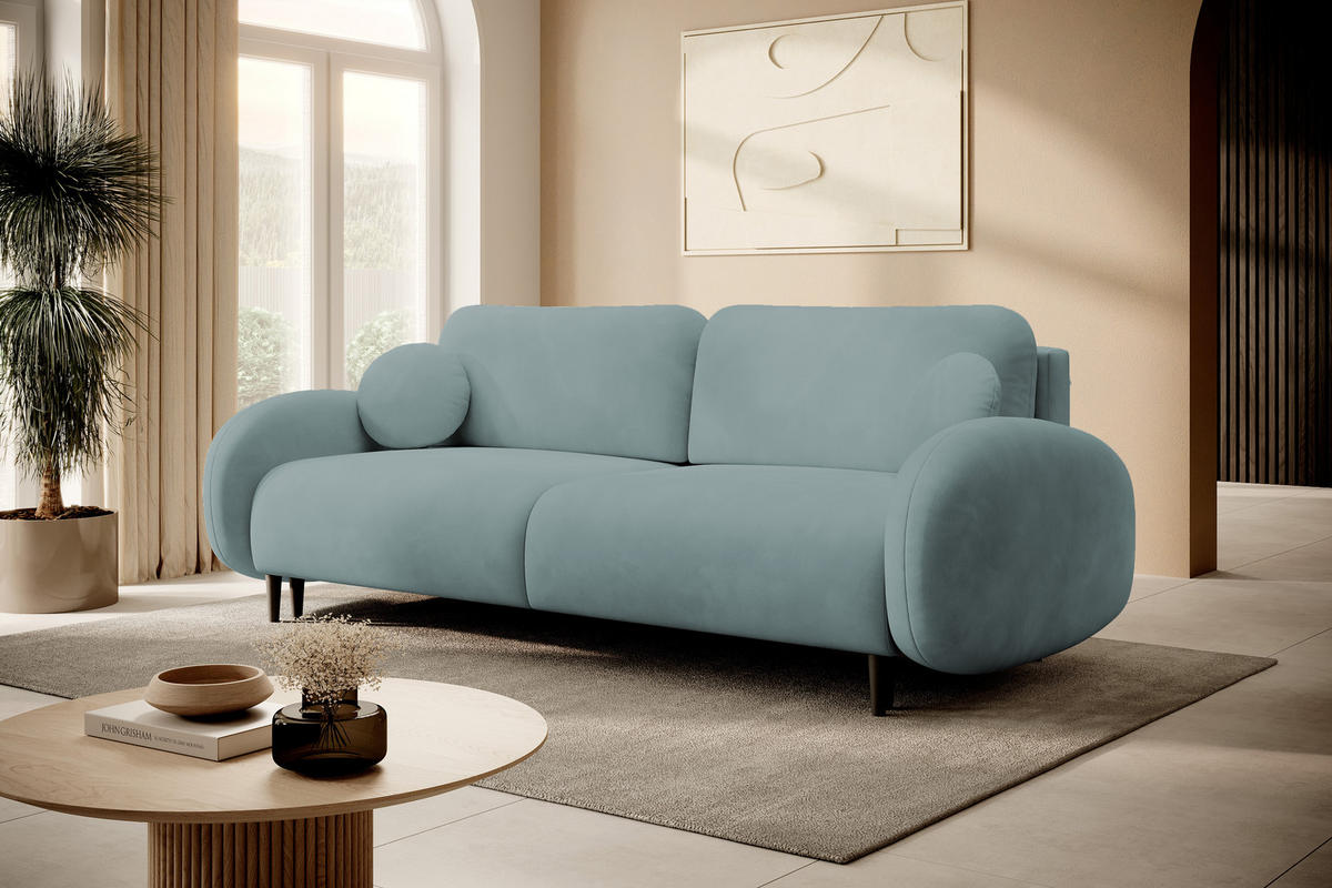 SOFA SOFT RunAgin Mit Schlaffunktion Und Bettkasten, PUR-Schaum, Schwarze Kunststofffüße, lose Rückenkissen, freistehend, 232x109x95 cm Turquoise - Türkis, Holz/Textil (232/95/109cm) - DomoHome