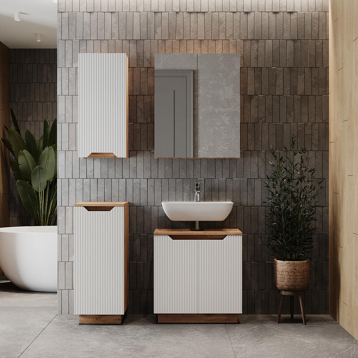 BADMÖBEL-SET Lotta Eiche/weiß gestreift 4 Teile - Eichefarben/Weiß, Holzwerkstoff (59.8/62.1/32cm) - Vicco