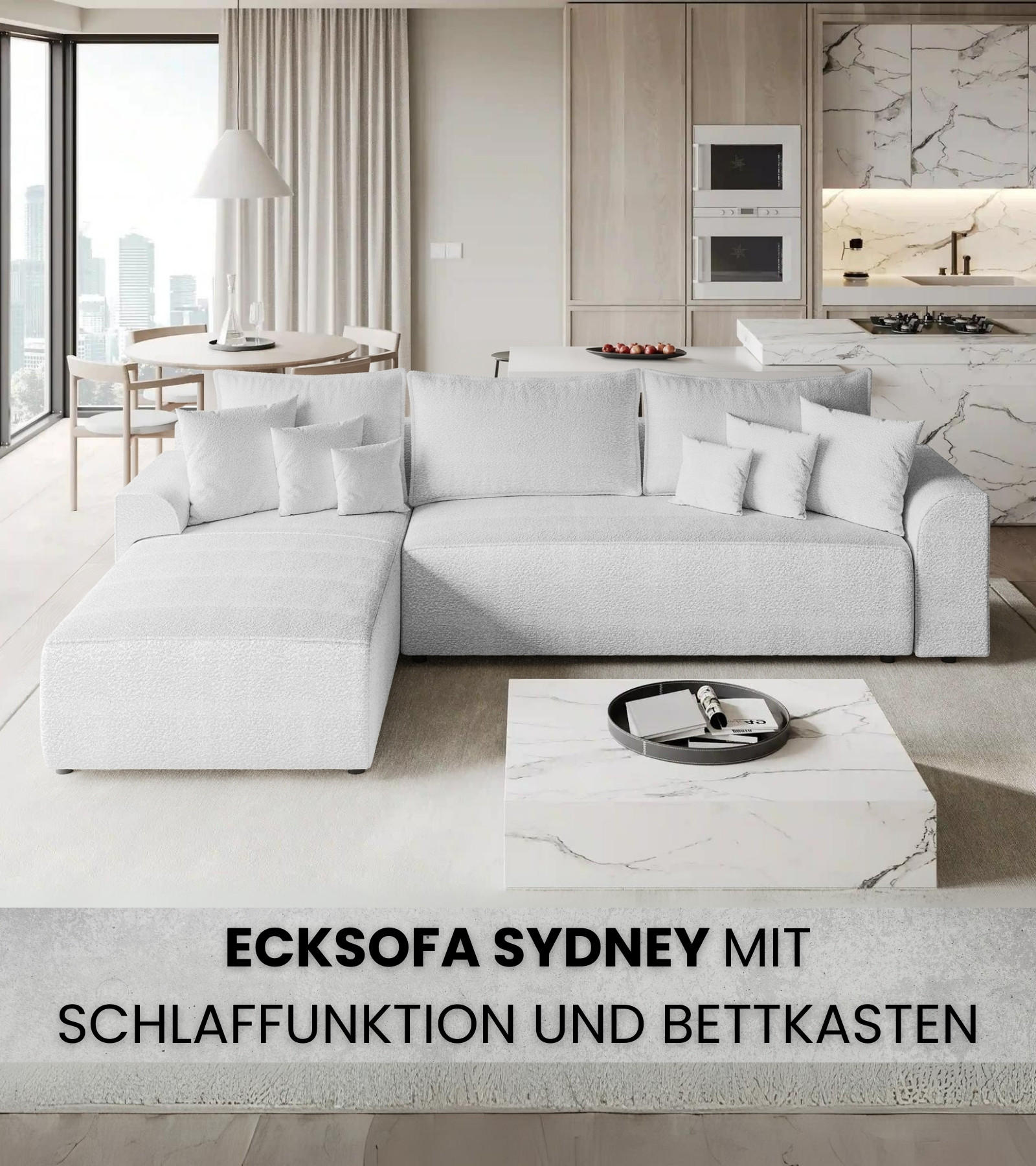 ECKSOFA Sydney mit Schlaffunktion Weiß Boucle - Ecru/Weiß, Textil (280/184cm) - Bromarkt