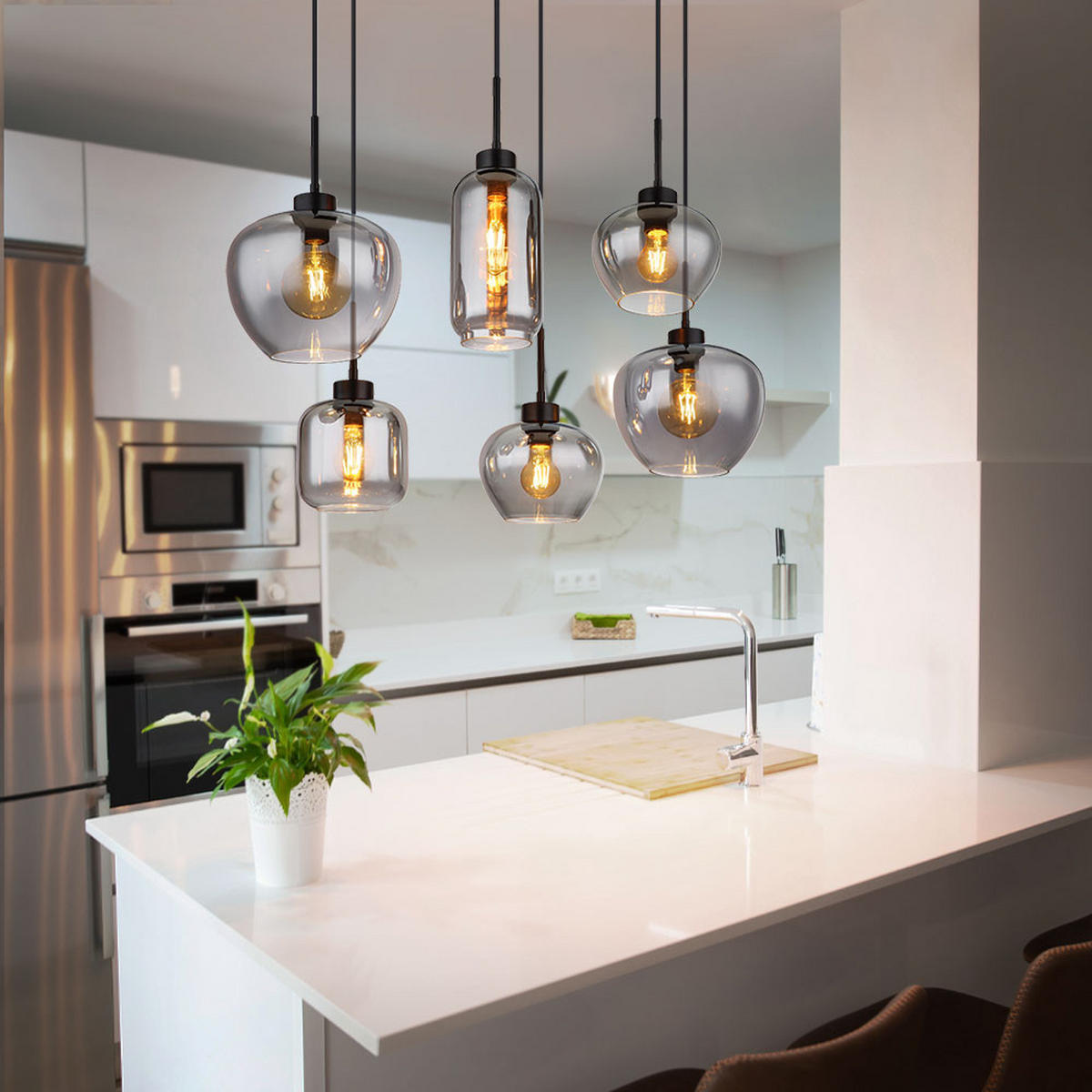 PENDELLEUCHTE Metall Glas Rauchfarbe Schwarz-matt 6-flammig - Grau, Glas (87/43/120cm) - Globo Lighting