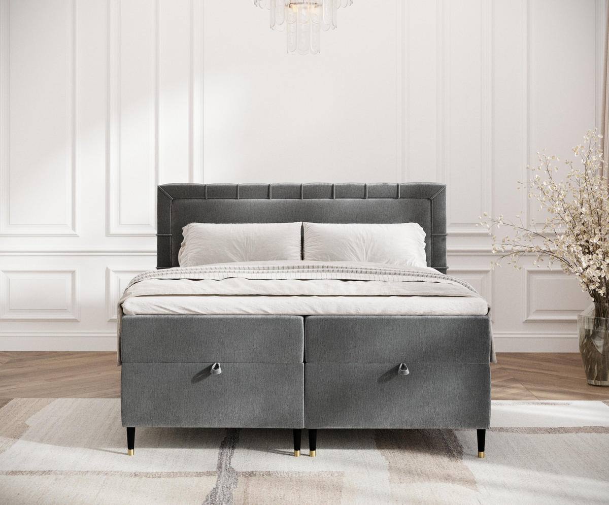 BOXBETT Monpelli Dunkelgrau 140/200 cm mit Matratze und Topper - Dunkelgrau/Schwarz, Holz/Holzwerkstoff (140/200cm) - Maison de Reve