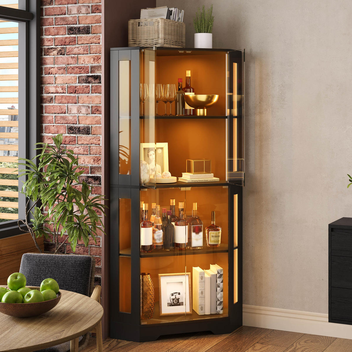 GESCHIRRSCHRANK 165 cm MDF Schwarz mit RGB-LED und Glastüren - Schwarz, Holzwerkstoff (40/165/40cm) - Korfee