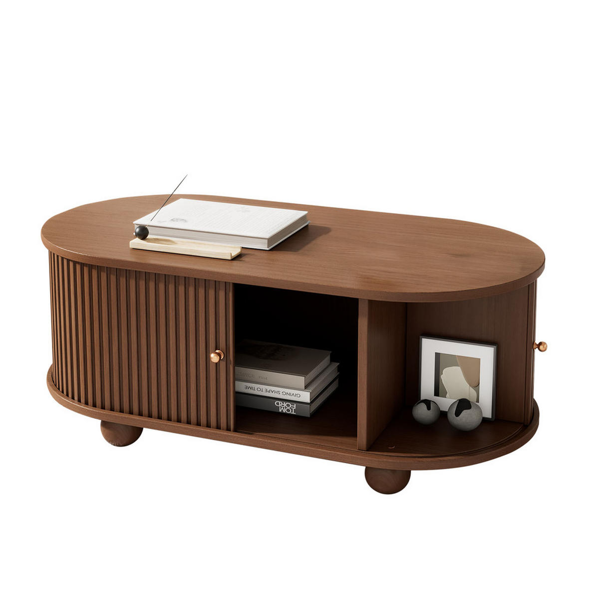 COUCHTISCH 100x50cm Nussbaum 360° Schiebetür Stauraum Multifunktion 4 Beine - Braun, Holz (112/59.5/11cm) - FLIEKS