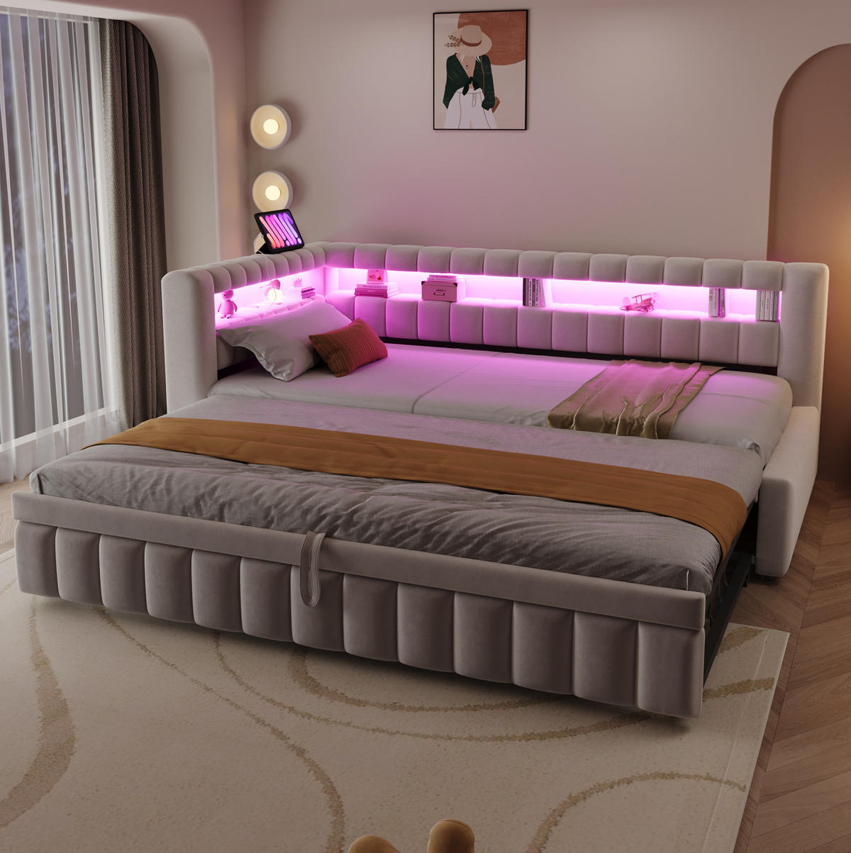 POLSTERBETT 90/200 cm in Beige mit LED-Beleuchtung und USB- sowie Type-C-Anschlüssen - Beige, Textil (90/200cm) - Flora Grace
