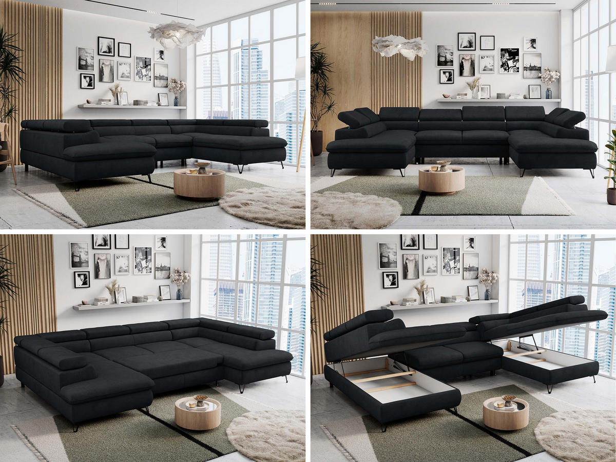 WOHNLANDSCHAFT PETER U Samt Schwarz - Schwarz, Textil/Metall (346/76/208cm) - MKS