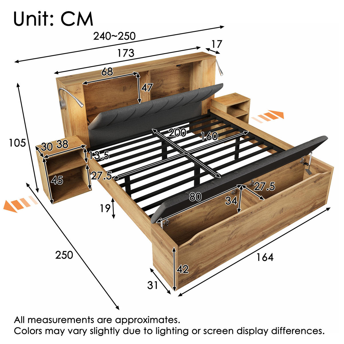 HOLZBETT 160/200 cm DE-00894, in Eiche, Nachttischen und Bettbank - Eichefarben, Holz (160/200cm) - ComfortXL