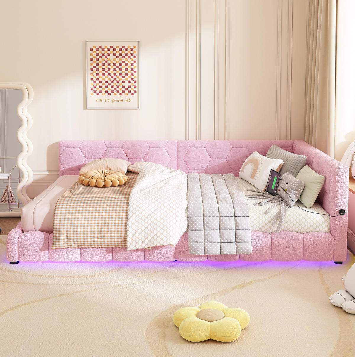 POLSTERBETT 140/200 cm Rosa mit LED-Beleuchtung, USB- und Type-C-Anschlüssen - Rosa, Textil (140/200cm) - Flora Grace