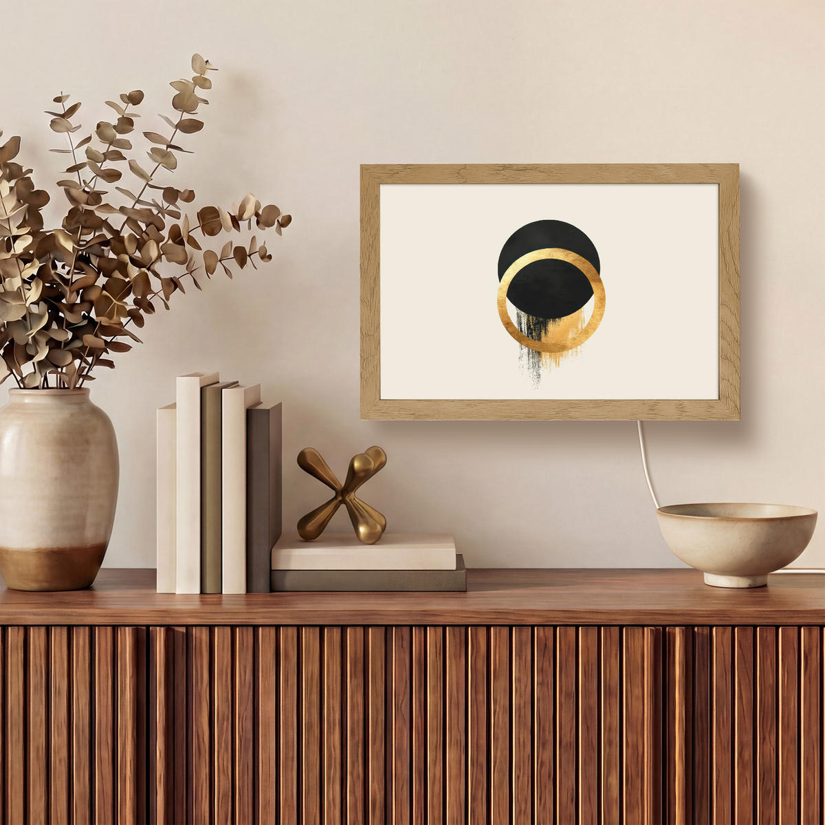 NÁSTĚNNÁ LAMPA Abstraktní design - Černý kruh - Skvrny od barvy 30x20 cm - krémová, kompozitní dřevo (30/20/8cm) - OnlyWow