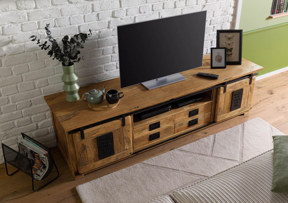 TV-BOARD Mango 200x55x55 natur lackiert RAILWAY #314 - Naturfarben, Holz (200/55/55cm) - Massivmoebel24
