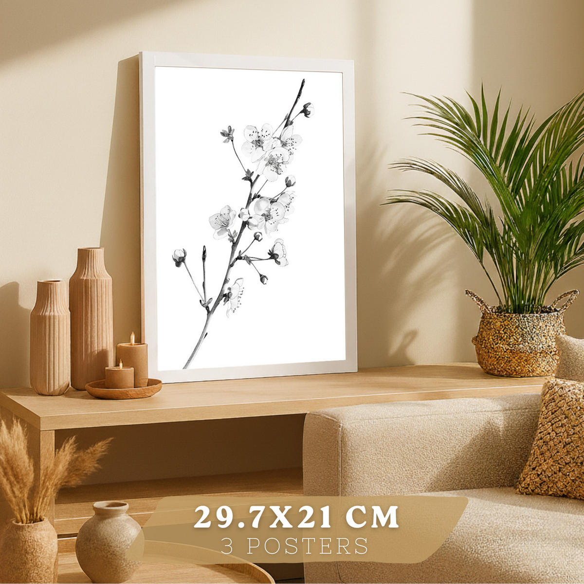 PLAKAT Sada 3 obrázků květin. Dekorativní nástěnné tisky Květiny tužkou. botanický plakát na zeď. Noridco květinové malby.Velikost A4 Bílý rám - bílá, papír (29.7/42/3cm)