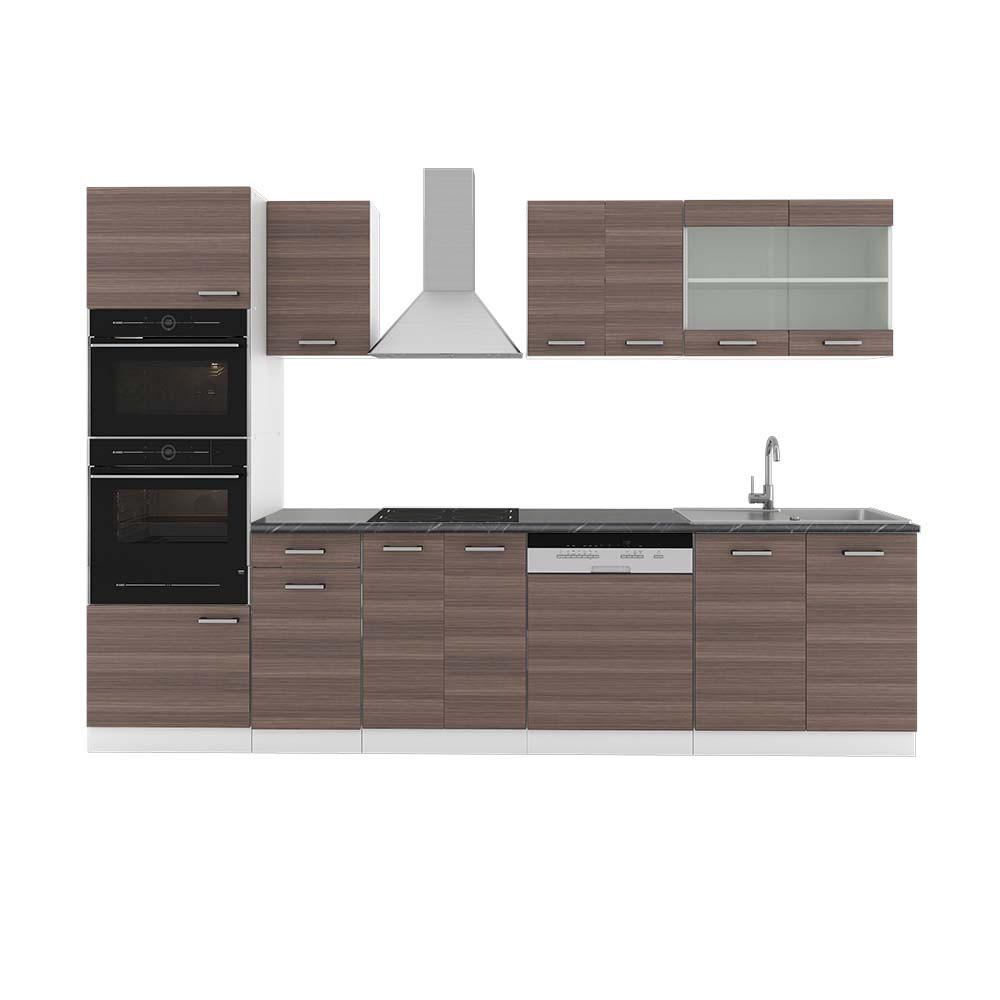 KÜCHENZEILE R-Line Edelgrau/Weiß 300 cm mit Hochschrank, AP Anthrazit - Braun/Weiß, Holzwerkstoff (300/81.6/60cm) - Vicco