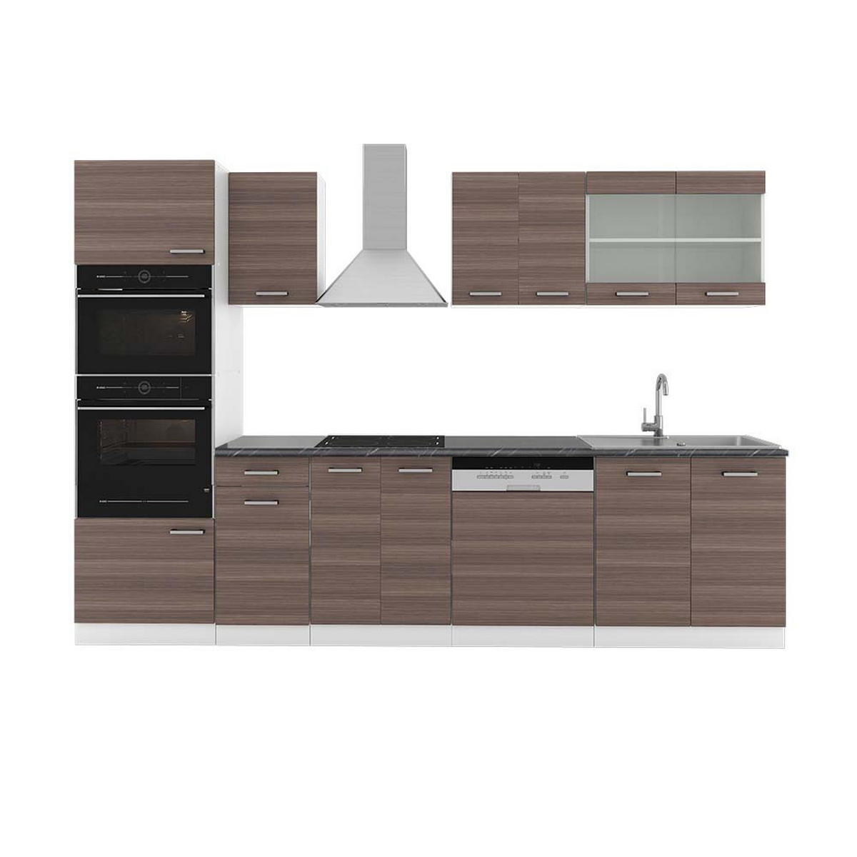 KÜCHENZEILE R-Line Edelgrau/Weiß 300 cm mit Hochschrank, AP Anthrazit - Braun/Weiß, Holzwerkstoff (300/81.6/60cm) - Vicco