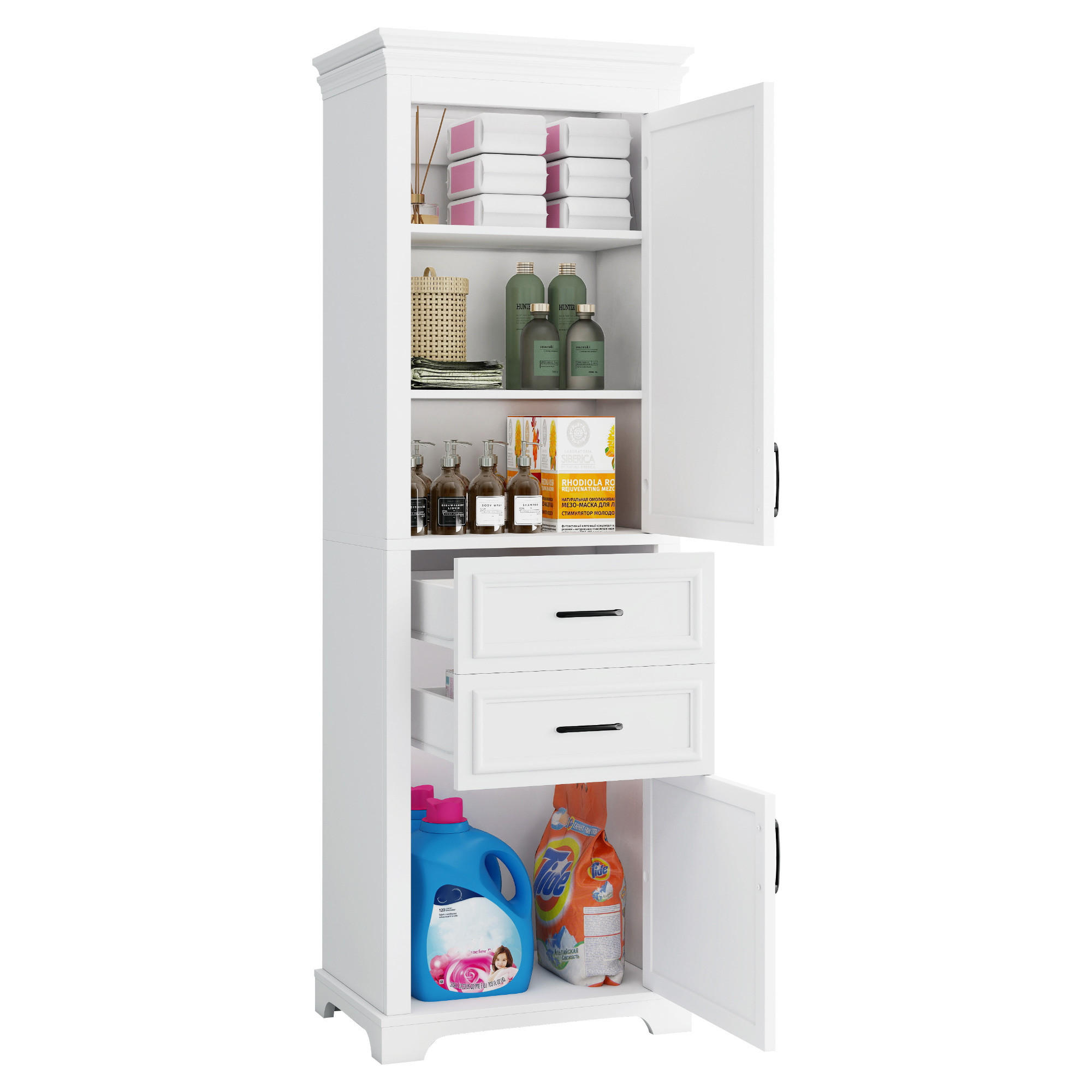 HOCHSCHRANK in Weiß Badezimmerschrank mit Schränken und Schubladen für Badezimmer, B60/T40/H180 cm - Weiß, Holzwerkstoff (60/180/40cm) - STILVORA