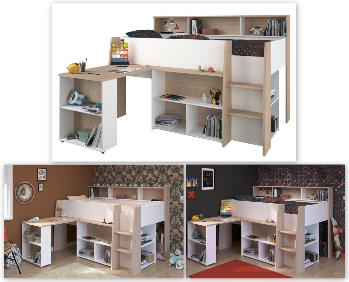 HOCHBETT Jugendzimmer Bett 90 x 200 mit Schreibtisch ausziehbar - Multicolor, Holz/Holzwerkstoff (200/90cm) - Parisot Meuble