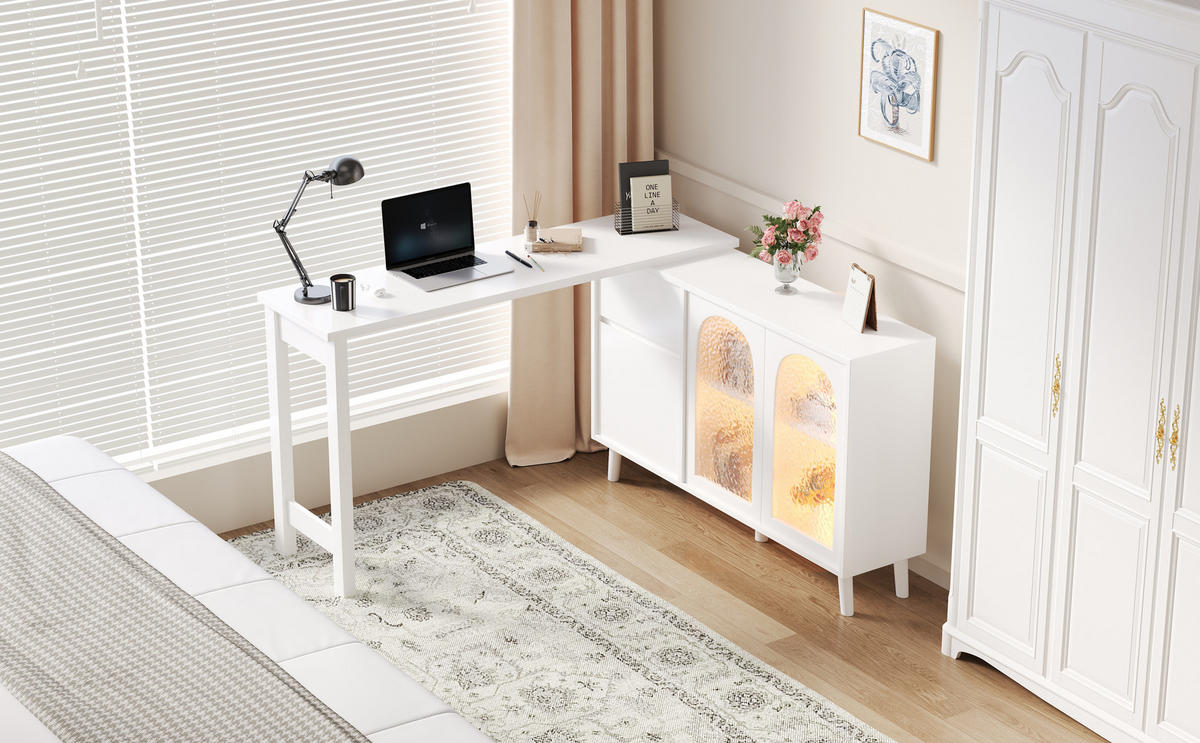 BÜROTISCH Weißer mit Stauraum und Vitrine - Weiß, Glas/Holzwerkstoff (40/120/70cm) - Urban Meuble