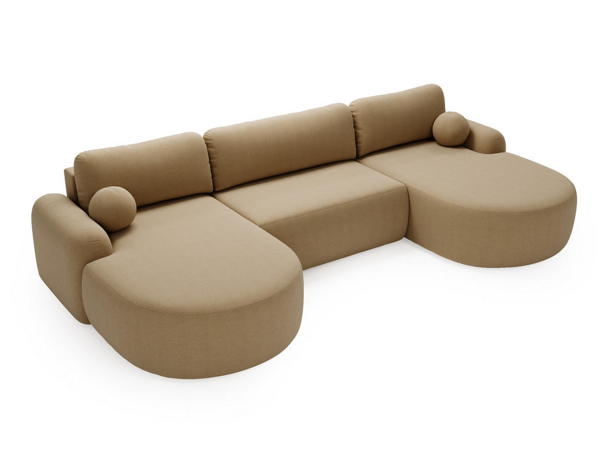 WOHNLANDSCHAFT Cloudy Beige, mit abgerundeten Seiten und Kissen - Beige, Holzwerkstoff (377/92/177cm) - Bettso