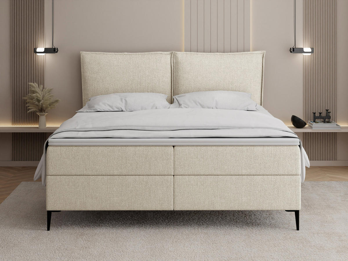 BOXBETT Calio Rise mit Bettkasten, Creme Chenille 180x200 cm – inkl. H4 Taschenfederkern Matratze & Foam Topper - Creme/Schwarz, Holz/Holzwerkstoff (180/200cm) - WFL GROUP