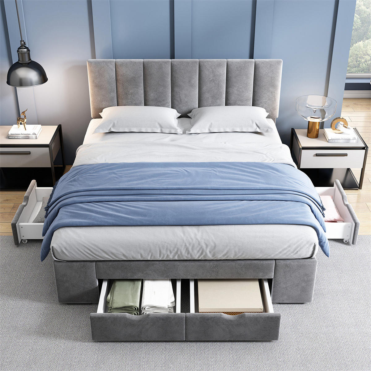 POLSTERBETT 140/200 cm in Samt - Grau, Holz/Textil (140/200cm) - KOMHTOM