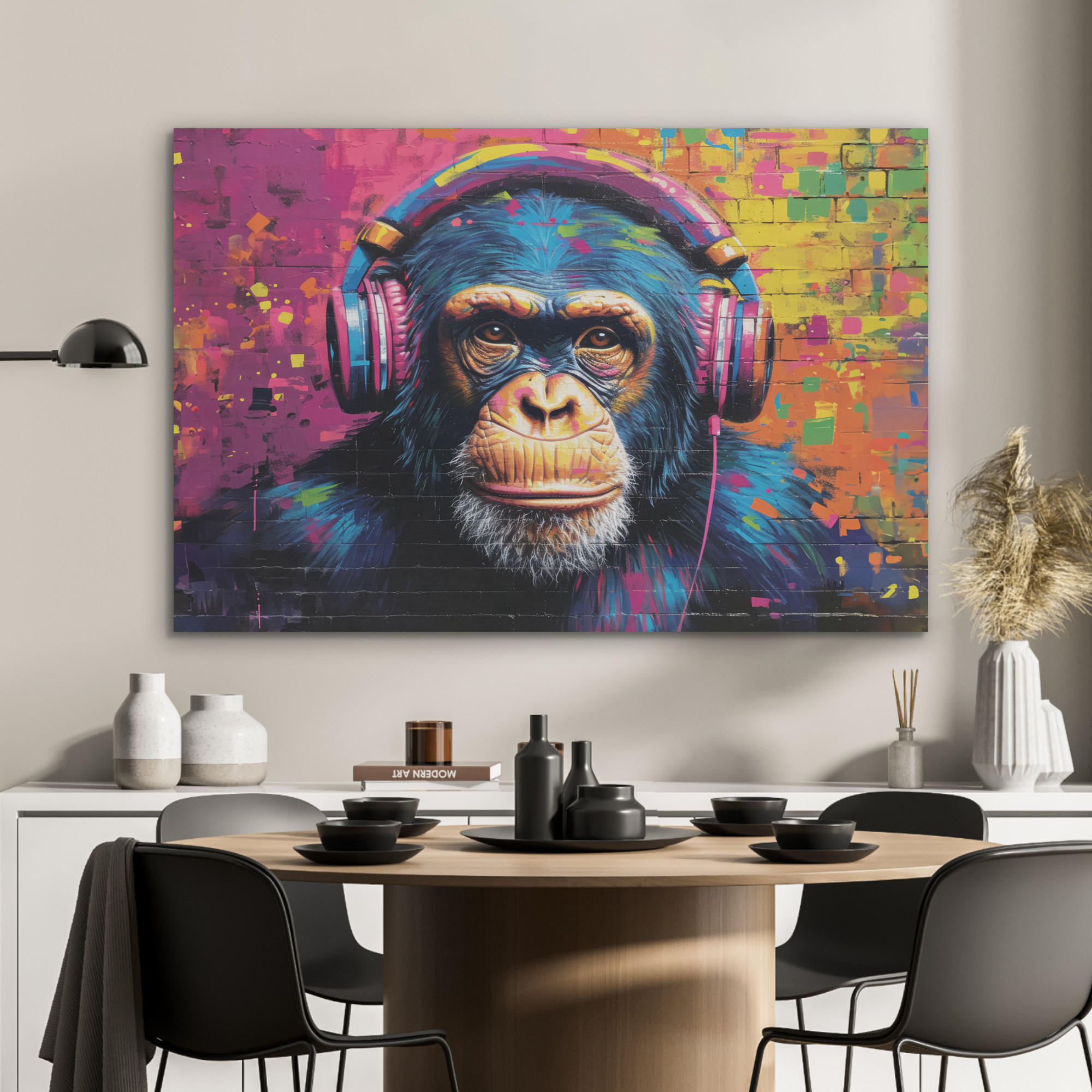 AKUSTIKPANEEL Graffiti - Schimpanse - Straßenkunst - Kopfhörer - Affe 100x70 cm - Blau, Textil (100/0.9/70cm) - MuchoWow