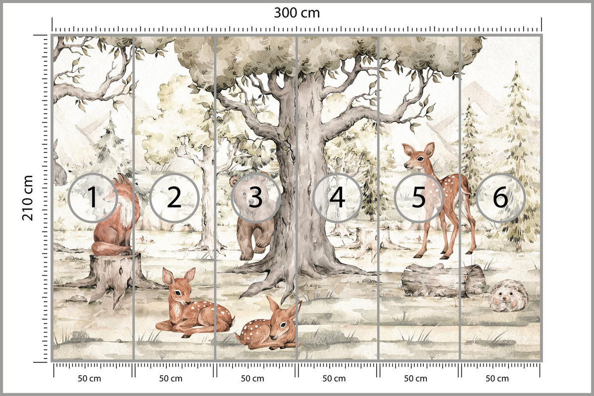 FOTOTAPETE für Kinderzimmer Waldtiere Aquarell Bär Fuchs Reh Bäume 300x210 - Beige/Orange, Papier (300/210cm) - Muralo