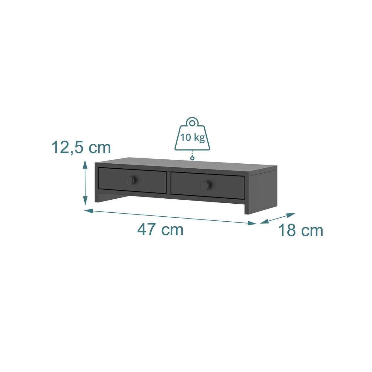 MONITORSTÄNDER Schwarz MDF 2 Schubladen 47x18x12,5 cm - Schwarz, Holzwerkstoff (18/47/12.5cm) - Relaxdays