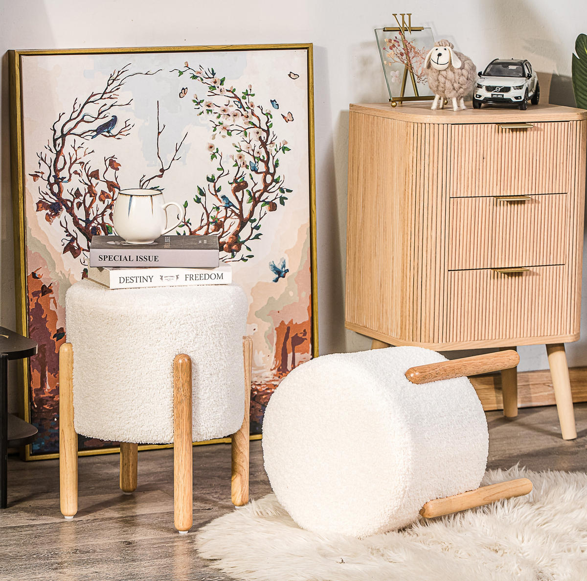 HOCKER Wolle Weiß - Weiß, Textil (33.5/40/33.5cm) - Nordlys