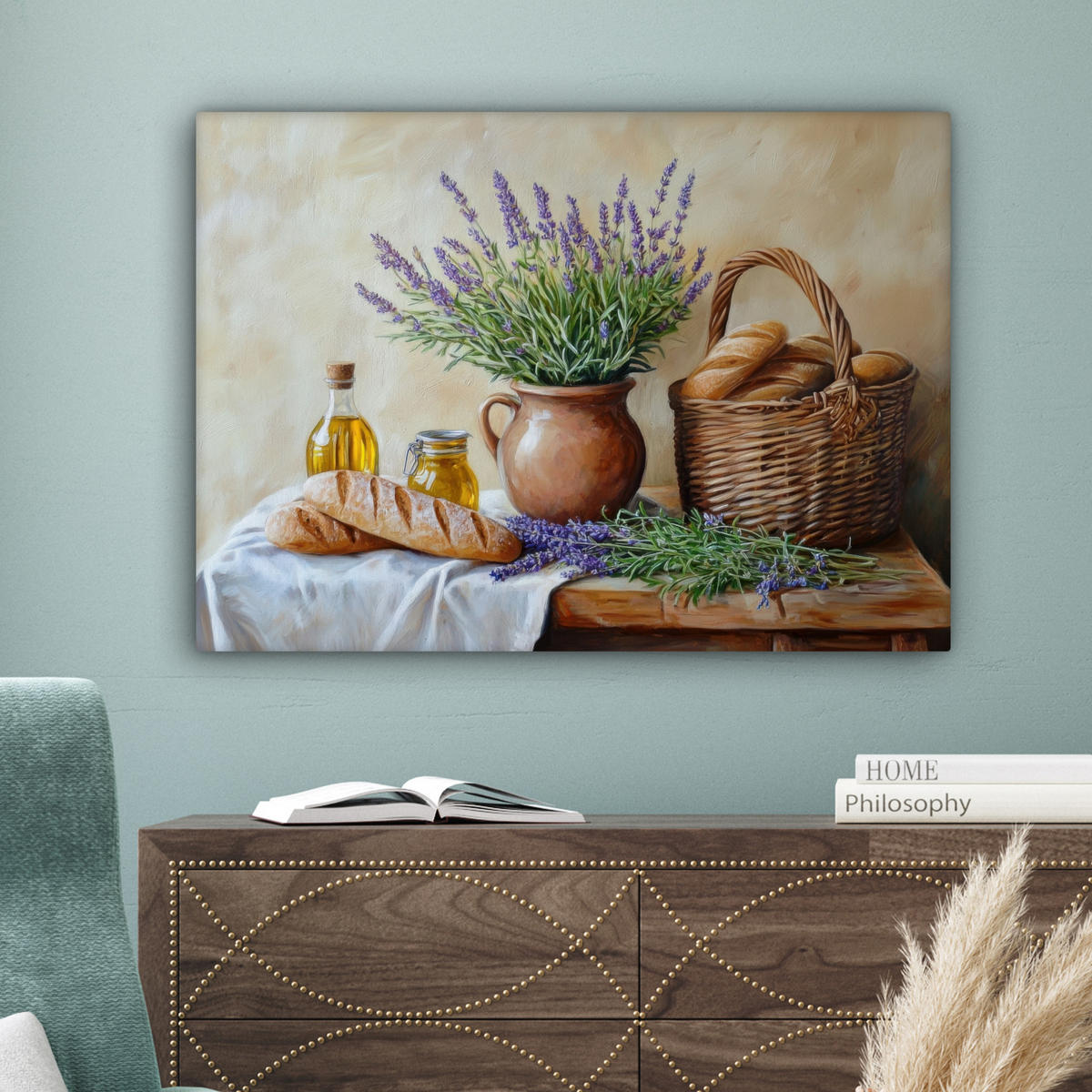 LEINWANDBILD Lavendel - Brot - Stilleben Wandbilder 80x60 cm - Flieder, Textil (80/60cm) - MuchoWow