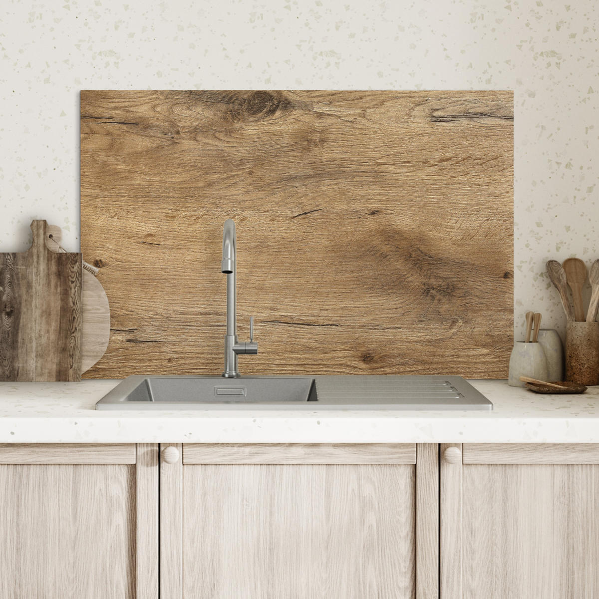 SPRITZSCHUTZ KÜCHE Holz - Braun - Holzoptik 70x50 cm - Eichefarben, Metall (70/0.3/50cm) - MuchoWow