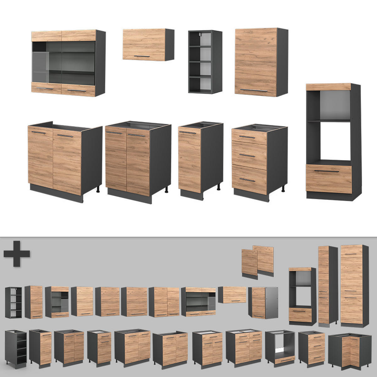 KÜCHENZEILE Fame-Line Goldkraft Eiche/Anthrazit 280 cm, AP Marmor - Anthrazit/Eiche Wotan, Holzwerkstoff (280/81.6/60cm) - Vicco