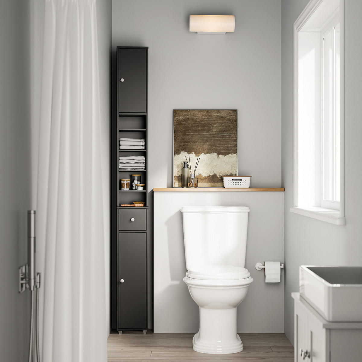 HOCHSCHRANK Schmal, Schwarz, 20x180x20cm - Schwarz, Holzwerkstoff (20/180/20cm) - SoBuy