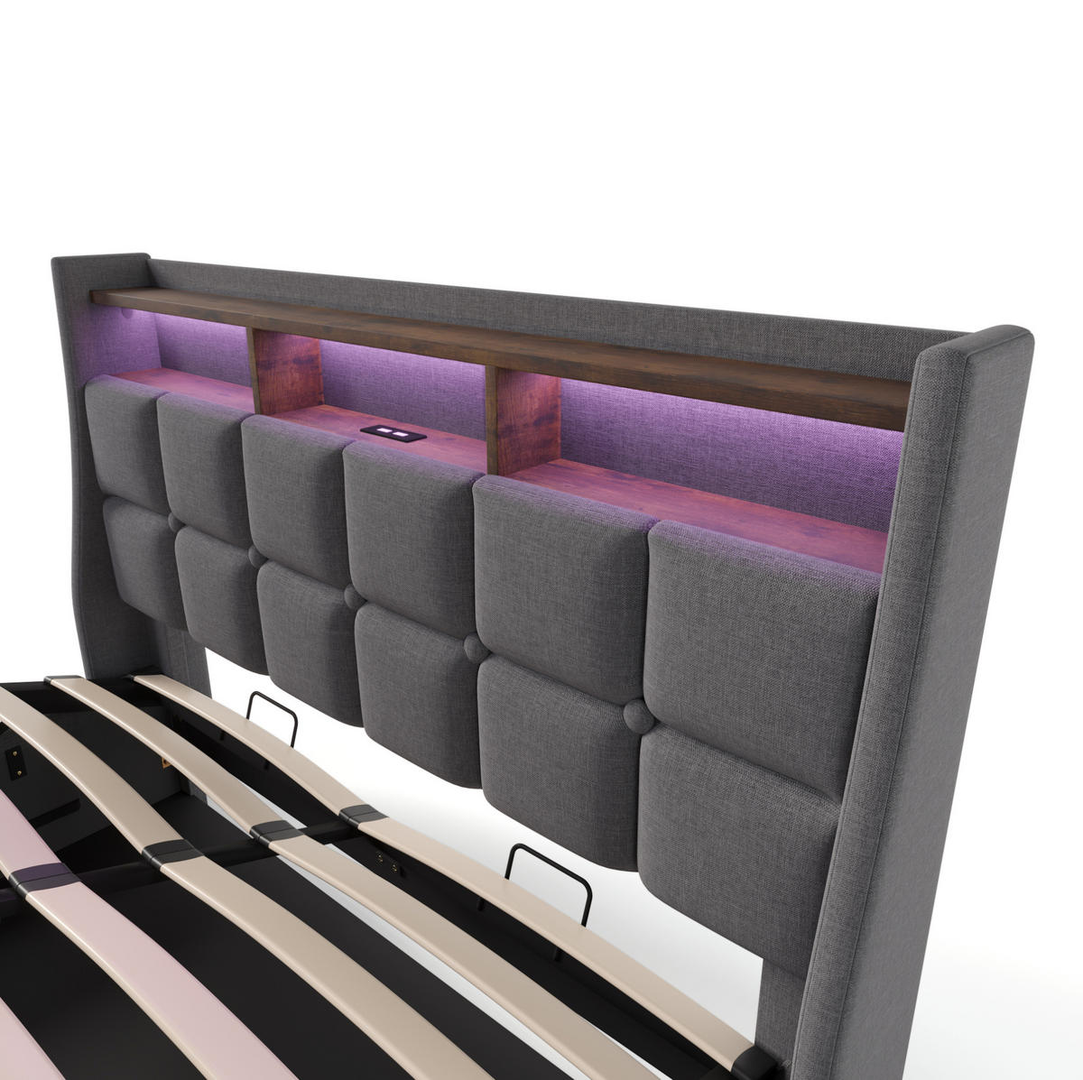 POLSTERBETT 140/200 cm Grau aus Leinen mit LED, USB und Bettkasten - Grau, Textil (140/200cm) - OKMYHOME