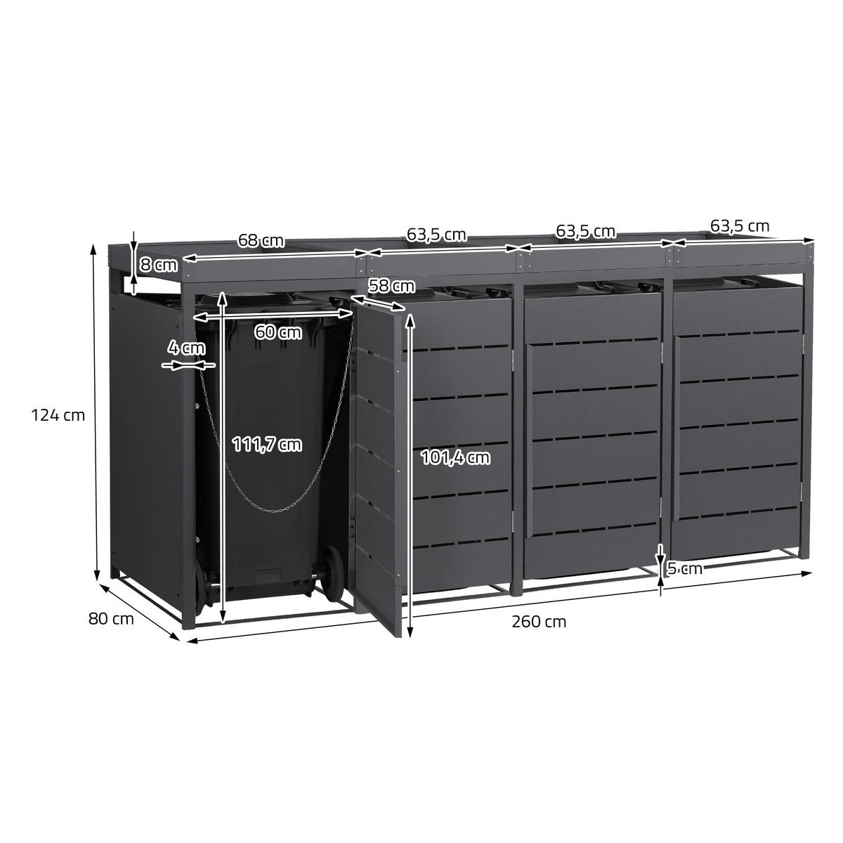 MÜLLTONNENBOX 4er mit Pflanzdach 240L 260x80x124 cm Anthrazit aus Stahl - Anthrazit, Metall (80/124/260cm) - ML-DESIGN