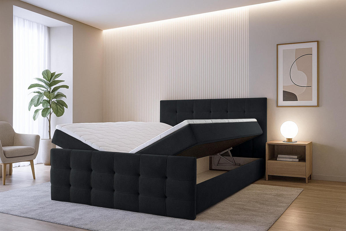 BOXBETT ARGENTARO 180x200 cm mit Bettkasten und Matratze - Schwarz - Schwarz, Holz/Holzwerkstoff (180/200cm) - AX Living