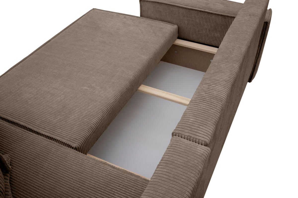 ECKSOFA Hugo L in L-Form mit Schlaffunktion und Bettkasten, Farbe: Hellbraun, Cordstoff, Ottomane Unsiversal - Hellbraun, Textil (244/145cm) - VENASI MÖBEL
