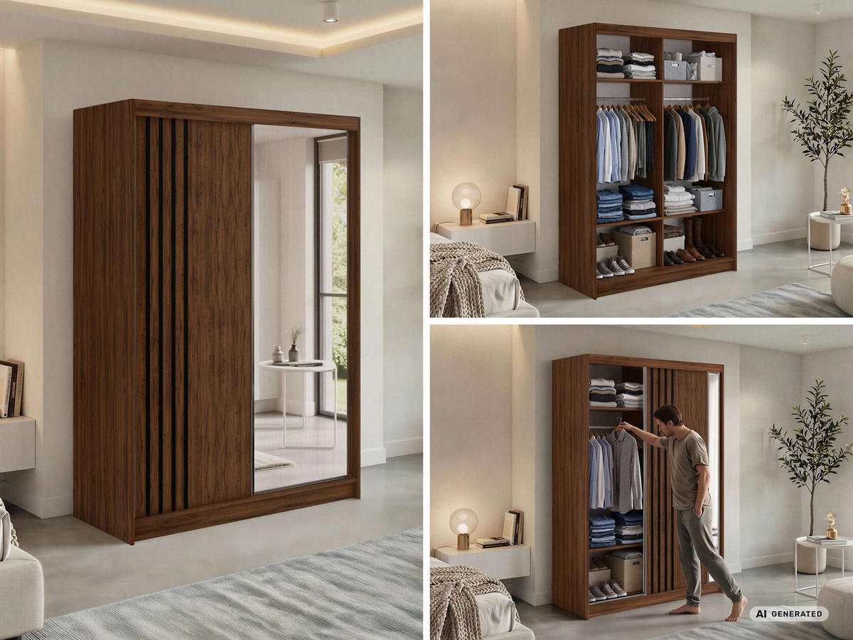SCHWEBETÜRENSCHRANK mit Lamellen, Spiegel und Schubladen DIANA - 180 - Warmia Walnuss und Schwarz - Walnussfarben/Schwarz, Holzwerkstoff/Metall (180/216/61cm) - MKS