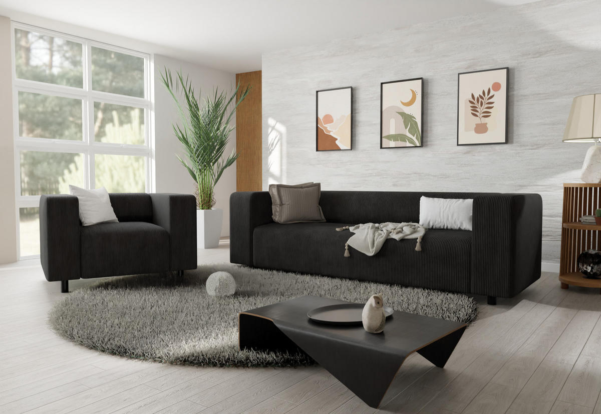 SITZGARNITUR 3+1 Tove Schwarz Cord - Schwarz, Holz/Kunststoff (175/65/80cm) - S-Style Möbel
