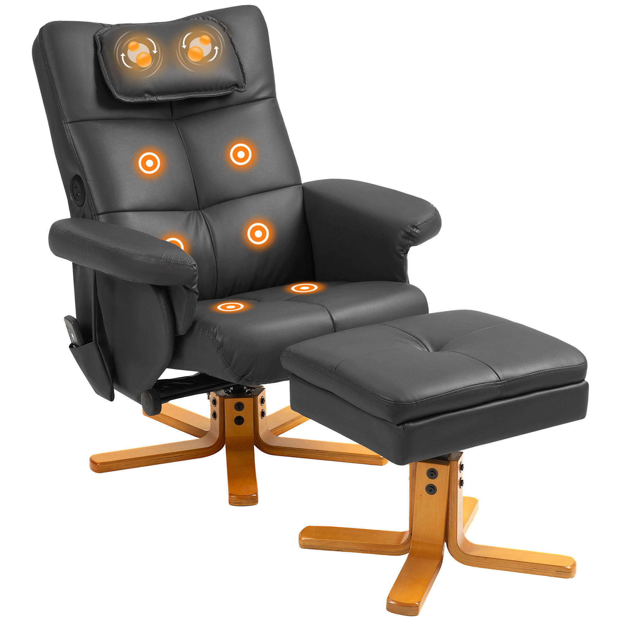 RELAXSESSEL Massagesessel mit Hocker Fernsehsessel mit Liegefunktion Schwarz - Schwarz, Leder (86/93/78cm) - HOMCOM