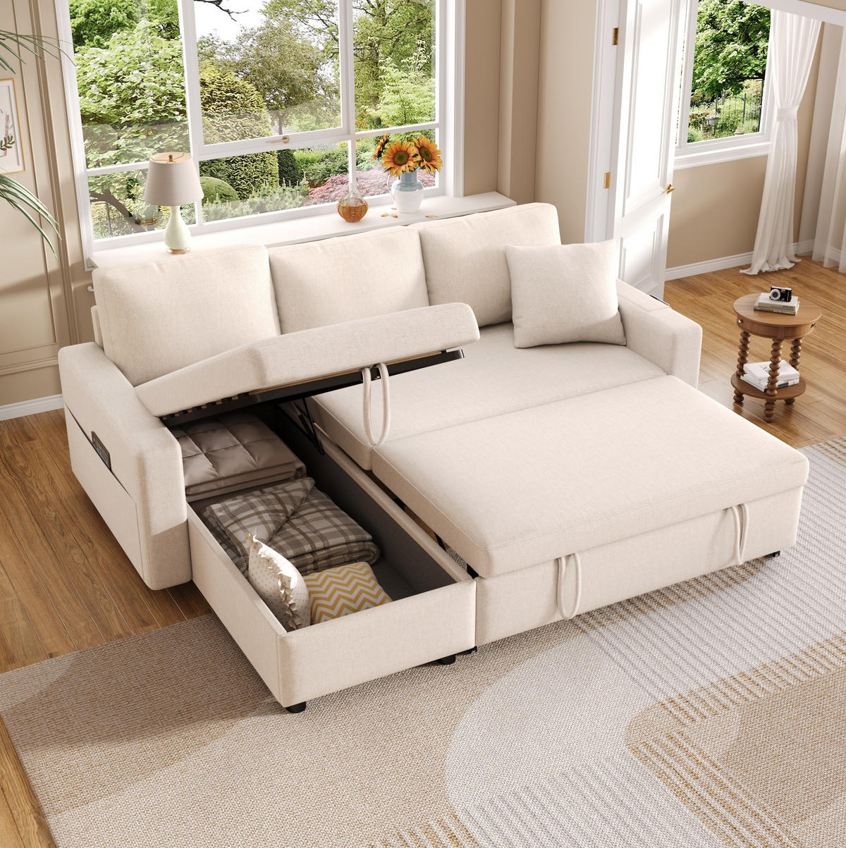 SCHLAFSOFA 219,5/142,5/83 cm in Beige – mit Stauraum und wechselbarer Chaiselongue - Beige, Textil (83/219.5/142.5cm) - BEAOK