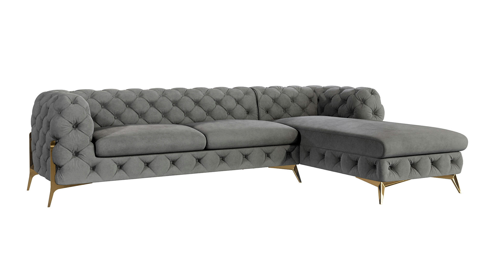 S-Style CHESTERFIELD ROHOVÁ SEDAČKA Lexi v šedé se zlatými nohami - otomán vpravo