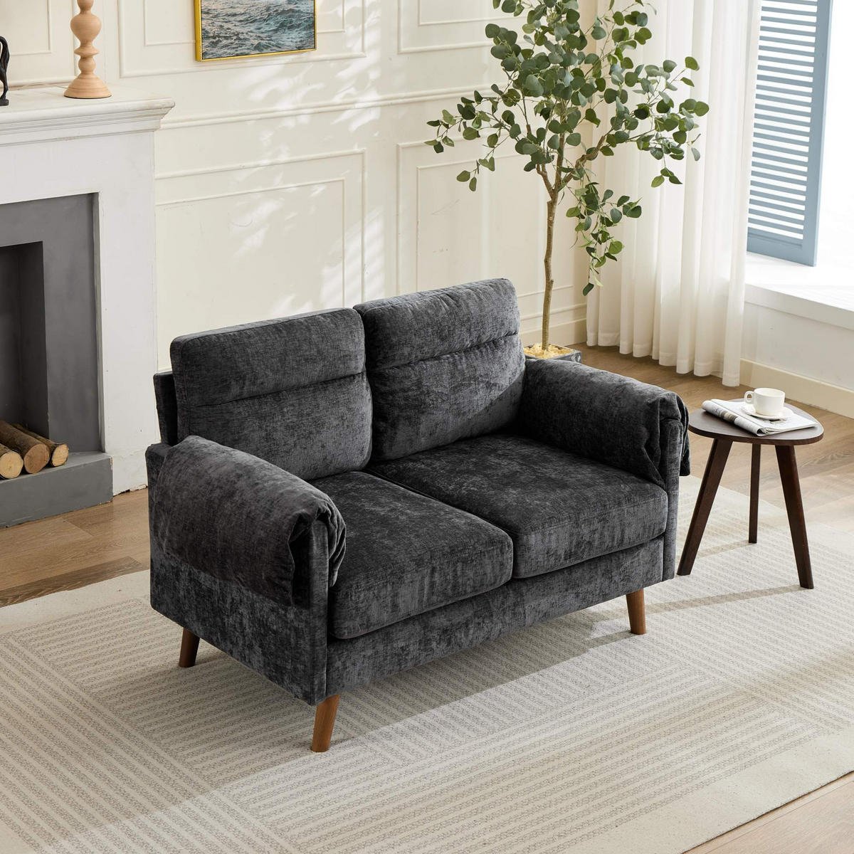 2-SITZER SOFA Chenille Schwarz - Schwarz, Holzwerkstoff/Textil (70/85/124cm) - WISHDOR