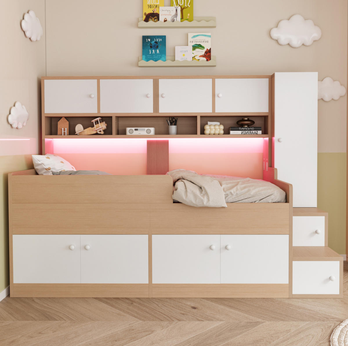 KINDEREINZELBETTEN aus MDF 90x200 cm in Naturholz mit LED-Beleuchtung & Stauraum - Naturfarben, Holzwerkstoff (90/200cm) - Modfu