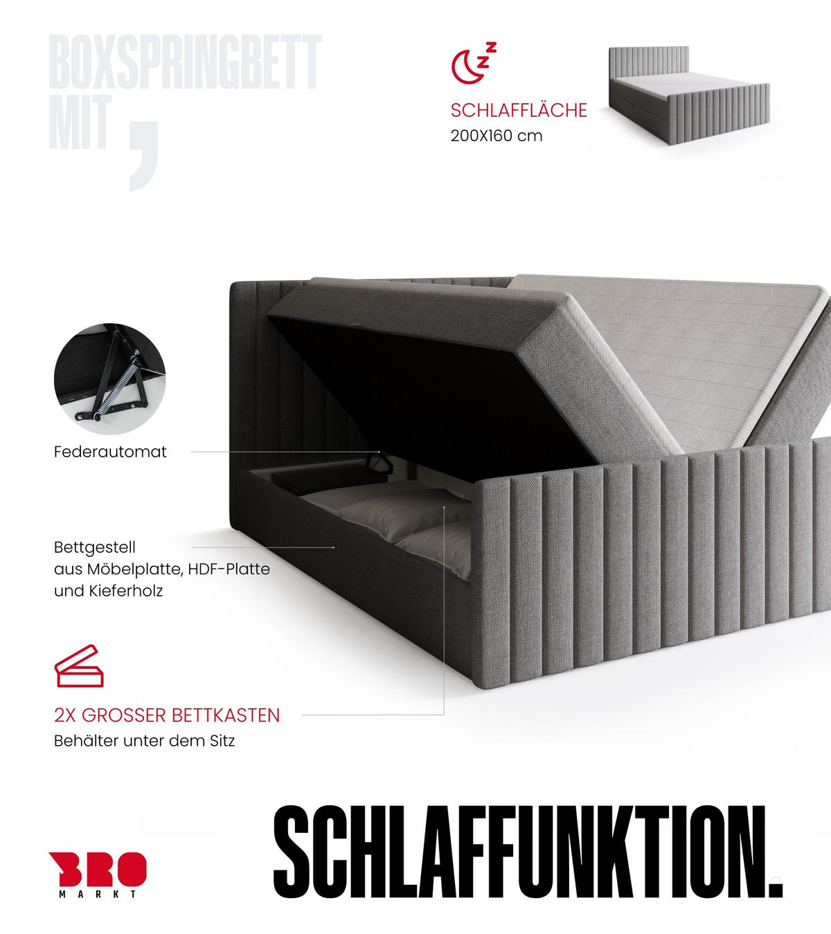 BOXSPRINGBETT Dream Duo mit Topper 160/200 Grau - Grau, Kunststoff (160/200cm) - Bromarkt